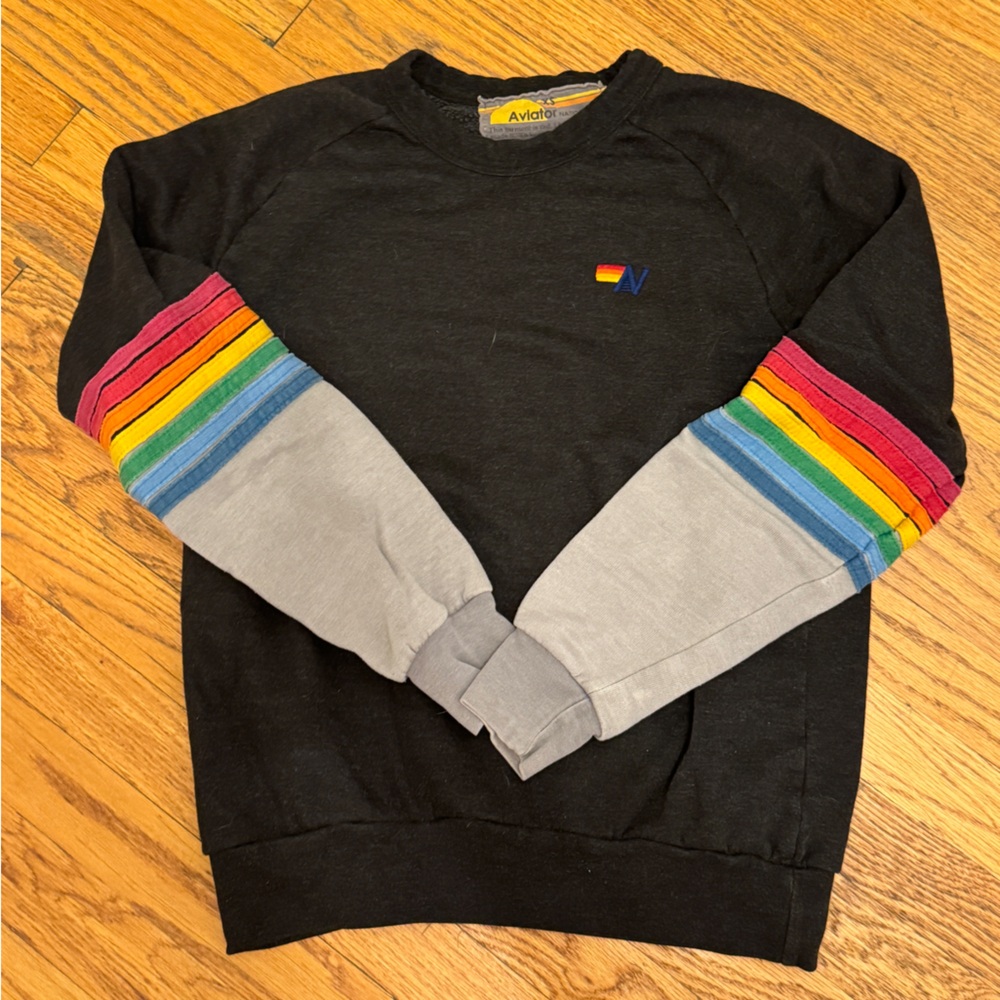 Aviator Nation Black Sweatshirt with Rainbow Striped Sleeves